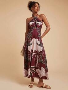 Travachic Women's Halter Backless Sleeveless Plant Pattern Print Dress Fall Outfits Women Winter Clothes For Women Halter Maxi Dress Tropical Print Maxi Dress Vacation Maxi Dress Dinner Maxi Dress,Casual Woman Style, Fall Outfits For Women, Chic Autumn,Going Out Outfit,Elegant Outfits,Country Style For Women, Beach Wedding Guest Dress - Multicolor - View 3