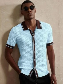 Manfinity Homme 男士条纹短袖单排扣休闲针织上衣 - 淺藍色 - 查看 7