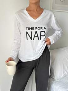 EURMUSE 2 Pcs Cotton Contrast Colour V Neck & Slogan Detail Lounge Set - White - View 5