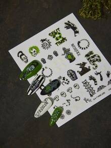 Beetlejuice X SHEIN 时尚夜光防水超薄自粘黑色和绿色指甲贴纸，无需紫外线灯指甲贴花，美甲 DIY 装饰，配饰自由搭配，哥特，角色扮演，哥特，万圣节 - 彩色 - 查看 5