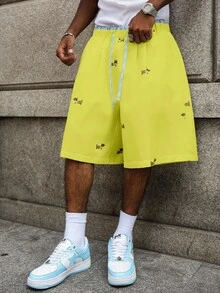 Manfinity Roghcode 男士小狗印花抽绳休闲短裤 - 黃色 - 查看 6