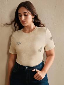 Anewsta Camiseta de manga corta ajustada con aplicaciones de strass elegantes y lavadas para mujer de talla grande - Albaricoque - Ver 6