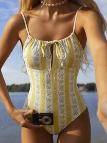 Swim Mod Women's Summer Beach Vacation Random Ditsy Floral Tie Front Camisole One-Piece Swimsuit - Multicolor - View 3