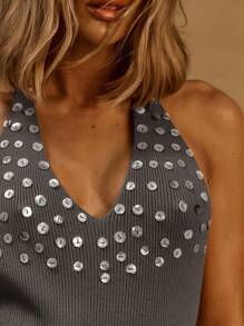 MUSERA Halterneck Extreme Scoop Back Ribbed Knit Double Frill Hem Shell Button Mini Dress For Spring Summer Vacation Ibiza Cute Sexy Beach White Isle, Beach Club Holiday Fall Night Out Autumn Winter Date Night Fall Winter  Chic Sweater