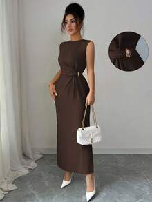 Elenzga 女士优雅休闲无袖金属装饰长裙，腰部收紧，侧开衩，适合通勤、度假、下午茶、派对，纯色，法式浪漫西西里风格，春夏 - 棕色 - 查看 3