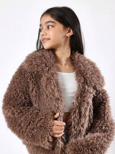  SUMWON Fluffy Teddy Bear Coat Winter Warm Plush Jacket Oversized Shaggy Cozy Outerwear Girls Teen Fashion Faux Fur Fuzzy Brown Coat For Cold Weather Vacation