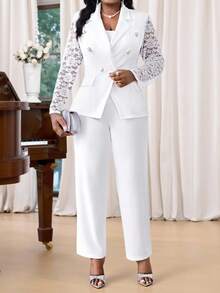 SHEIN Lady Fleurora Spring And Summer Elegant Commuting Office Wedding White Knitted Lace Lapel Contrast Lace Ruffle Neck Midi Long Sleeve Plus Size Faux Fur Coats Summer Outfits For Women Wedding Guest Dress Women Business Casual Woman Office Outfits For Women Birthday Outfits For Women Women Clothing Summer Business Casual Women Teacher Outfits For Women Fall Clothes For Women 2 Piece Sets Woman Business Casual Woman Office Outfits For Women Women Two Piece Sets Blazers For Women