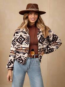 Wildy Women's Fashion Casual Geometric Pattern Fleece Jacket Zippered Plush Jacket, Autumn & Winter