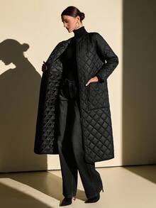 CLARA VERO Long Quilted Coat With Diamond Stitch Design, Crew Neckline, Front Snap Closures, Dual Patch Pockets, Timeless Urban Outerwear - Black - View 7