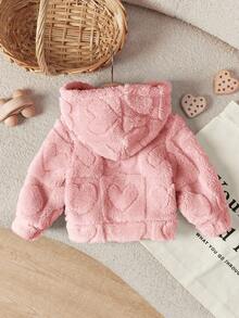 SHEIN 新生女婴可爱纯色蓬松心形图案连帽厚夹克外套，秋冬