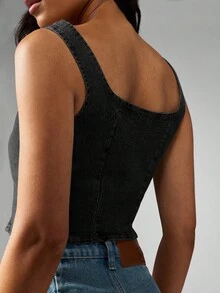 MISSGUIDED Lace Up Front Denim Crop Top Y2K Fashion Festival Grunge Style Streetwear Corset Tank Top Summer Spring Sleeveless Cut Out Design - Black - View 5