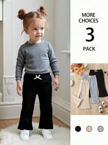 3pcs Baby Girl Knitted Comfortable Flare Pants, 0-3 Years Old, Elastic Waist, Bow Decor, Versatile For Outdoor Activities & Family Gatherings, Suitable For Spring & Autumn Fall Winter - Multicolor - View 3
