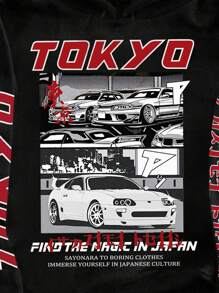 SHEIN Bolty Tween Boy Autumn New Arrival, Casual Minimalist Style, Graffiti Handpainted Vintage Car, Academic Style, English Letter, Sporty Style, Street Style, Y2K Cartoon Pattern Loose Fit Thick Sweatshirt, Suitable For Autumn/Winter Fall - Black - View 4