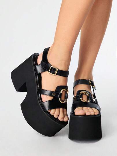 Grunge Punk Women's Fashion Open Toe Ankle Strap Flatform Sandals, Summer Punk Style Casual Sexy Metal Studded Buckle Elastic Band Slip On Shoes