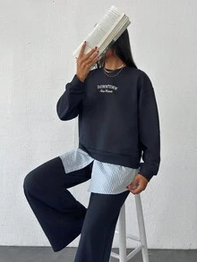 EURMUSE Cotton Fashionable Patchwork Sweatshirt & Sweatpants Set - Navy Blue - View 3