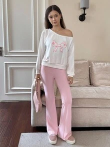 Bộ 2 áo nỉ cho bé gái tuổi teen, thiết kế mới - Áo nỉ chui đầu hở vai màu trắng thêu nơ màu hồng, quần ống loe màu hồng, ôm sát & thường ngày, nơ thêu, quần áo trở lại trường - Nhiều màu - Xem 1