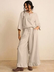 SHEIN LUNE Plus Size 2pcs Casual Matching Set,Embroidered Blouse And Ruffle Hem Pants With Pockets,Women's Linen Lounge Sets,Beige,Autumn,Boho,Vacation Outfits - Apricot - View 1