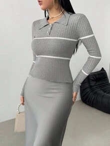 Modelyn 女式条纹装饰高领灰色毛衣 - 淺灰色 - 查看 6