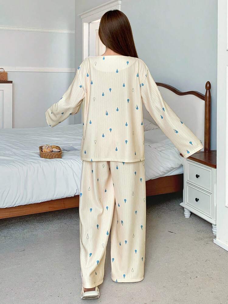 Women's Printed Single-Breasted Long Sleeve Top And Pants Pajama Set, Fall Clothes