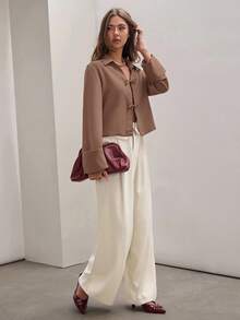 COSMINA Women's Plain Khaki Front Tie Long Sleeve Minimalist Business Casual Work Shirt, Casual Daily Wear FAll,Fall Tops,Elegant Women's Blouses - Brown - View 3