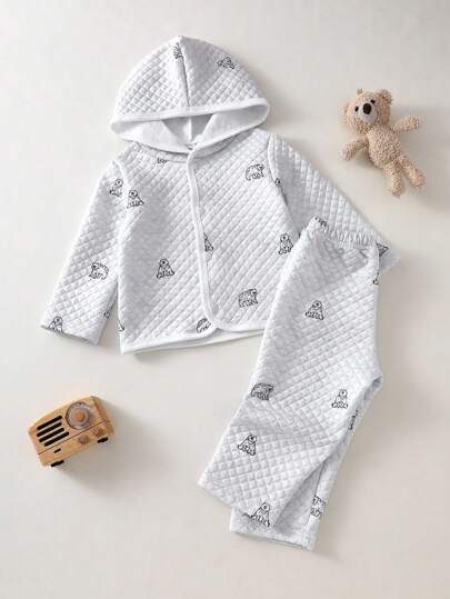 2pcs Toddler Boys' Casual Hooded Cardigan With Cartoon Bear Print & Pants Set, Comfortable Outfit Baby Boy Hoodie Set Baby Casual Set Baby Boy Clothes Set Baby Quilted Set Baby Bear Print Set Fall Winter