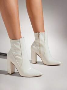 SHUZIA Women's Glamorous Sexy Pointy Toe Side Zip Chunky Heel Sock Booties - Beige - View 2