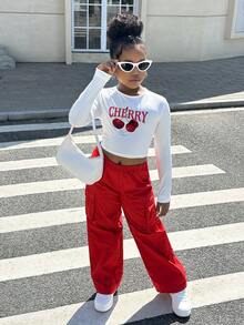 青少年女孩基本款休闲针织圆领长袖上衣和编织直筒裤套装 - 彩色 - 查看 4