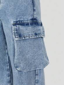 Tween Mädchen Jeans im Y2K-Stil, neue Version, hellblauer Denim-Farbton, Kordelzug Gummibund, Cargo-Taschen, weite Passform, modischer lässiger Schulstil, Tween Mädchen Jeans - Helle Waschung - Übersicht 7