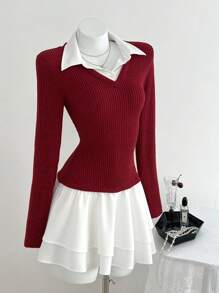 SHEIN Unity Váy ngắn tay dài cổ bèo nhún đôi thời trang ngoài trời cho nữ, thu/đông, chất liệu vải gân mềm mại, màu tương phản, thích hợp mặc ngoài trời khi trở lại trường - Nhiều màu - Xem 1