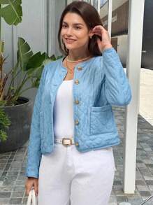 SHEIN LUNE Christmas Clothes Women 1pc Women Plain Front Button With Pockets Long Sleeve Padded Coat, Winter