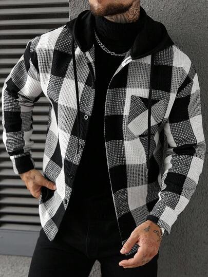 Manfinity Homme Men's Casual Collegiate Style Floral Print Patchwork Drawstring Hooded Shirt Jacket, Spring/Autumn, Men Plaid Jacket, Black And White Plaid Jacket, Checkered Jacket, Men Winter Jacket, Men Black And White Jacket