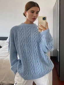 DAZY Women's Loose Fit Solid Color Crew Neck Cable Knit Sweater,Fall Women Clothes Modest Fashion - Blue - View 8