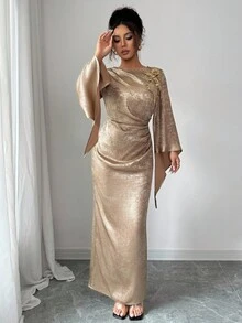 Elenzga Elegant French Style Gold Waist Ruched Asymmetric Flare Sleeve Bodycon Midi Dress - Gold - View 6