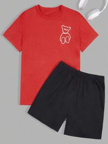 RueChic Men Cottonline Solid Bear Embriodery Regular Short Sleeve Homewear Set - Burgundy - View 3