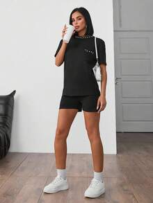 ZIRRA 2pcs/Set Women Summer Casual Beaded Decor T-Shirt And Shorts - Black - View 5