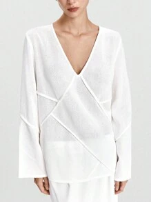 Lumivelle 女式秋季长袖拼布结构上衣和裙子两件套 - 白色 - 查看 3