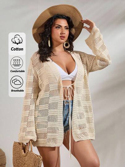 EURMUSE Front Bow Hollow Out Plus Size Crocheted Cardigan Women Summer Clothing