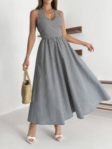 EURMUSE Gingham Dress With Halter Neck Detail - Black - View 4