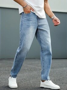 Manfinity Homme 男士休闲复古蓝色牛仔裤 - 中等水洗藍 - 查看 7