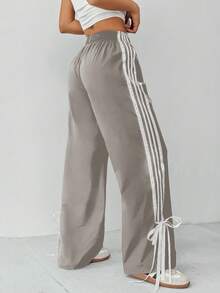 SHEIN PETITE Quần ống rộng lưng thun co giãn sọc hai bên dành cho nữ - Xám - Xem 2
