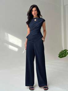 Aloruh 简约通勤办公套装，新款春夏船领短袖收腰女式衬衫+高腰超长阔腿女式长裤，两件套 - 藏蓝色 - 查看 3