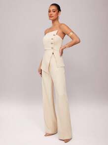 Silquee Women's Strapless Single-Breasted Metal Button Asymmetrical Hem Top And Wide-Leg Pants Fashion Party & Commute Suit - Beige - View 5
