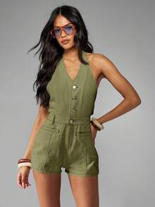 MISSGUIDED Mono de mezclilla con cuello de halter y botones, estilo casual de primavera y otoño para festivales de verano, uso diario y vacaciones en resort - Verde - Ver 4