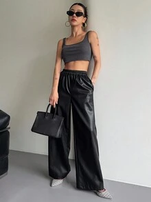 DAZY 女士宽松商务休闲街头风PU皮裤，直筒裤，秋冬皮裤 - 黑色 - 查看 6