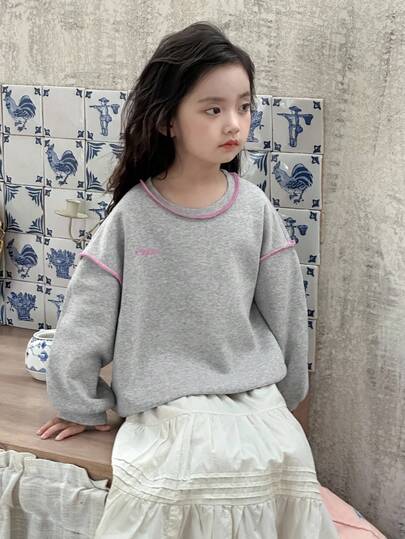 DAZY 女童圆领撞色缝线装饰长袖卫衣，秋冬季