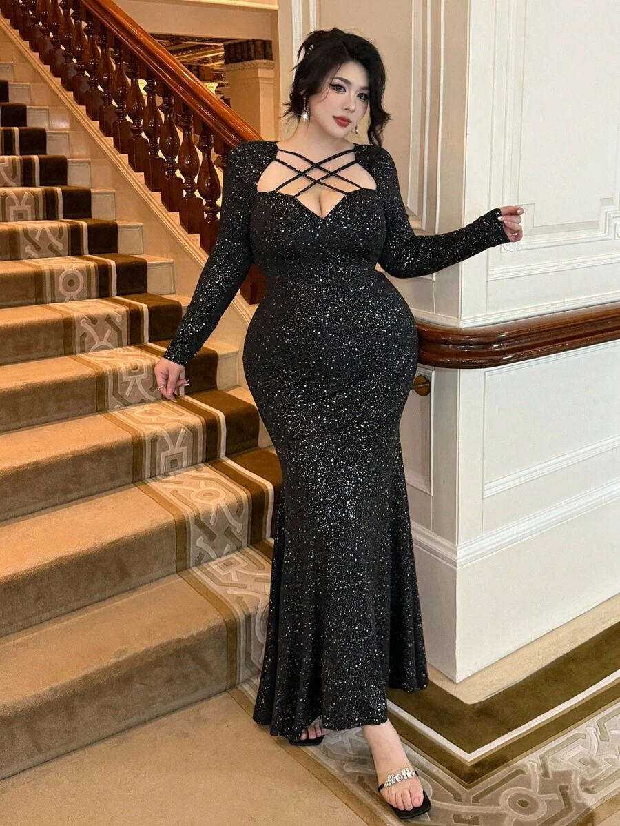 Flirla 大码女式黑色烫金装饰修身复古浪漫优雅V领长袖派对超长鱼尾连衣裙 - 黑色 - 查看 1