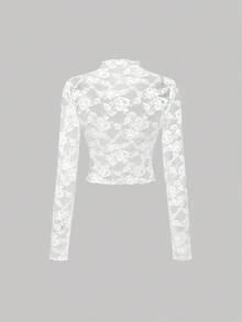 SHEIN MOD 女士两件套蕾丝透视长袖黑白上衣，秋冬女装，万圣节、派对、优雅、哥特、时尚，女士优雅透视花卉蕾丝长袖高领修身露脐上衣，时尚女士黑白薄纱蕾丝网纱高领长袖修身上衣，蕾丝长袖，黑白上衣 - 黑與白 - 查看 8