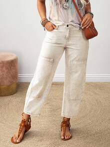 EMERY ROSE Quần jeans ống loe bỏ túi dáng rộng cỡ lớn cho nữ, màu be nhạt, màu mơ nhạt, quần lửng thu đông mới - Màu be - Xem 3