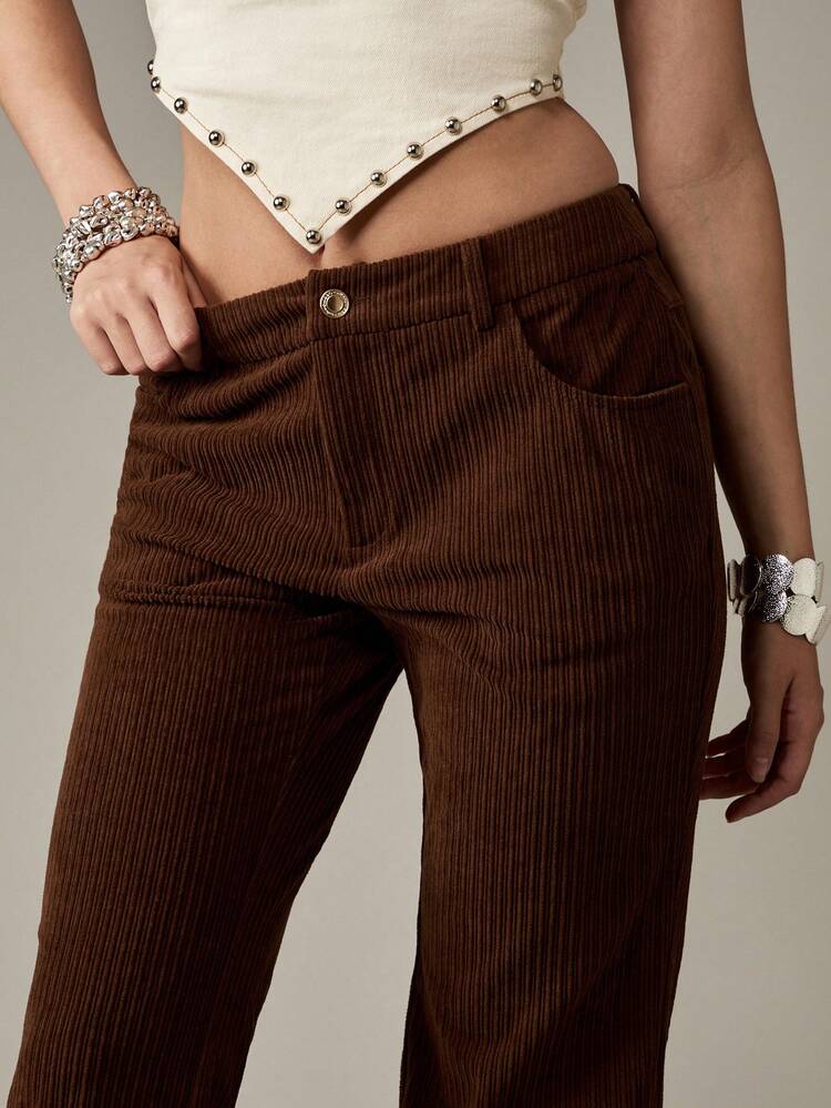 MISSGUIDED Brown Corduroy Flared Pants Retro High Rise Western Style Boho Fall Winter Wide Leg Vintage Bell Bottom Bottoms With Braided Belt