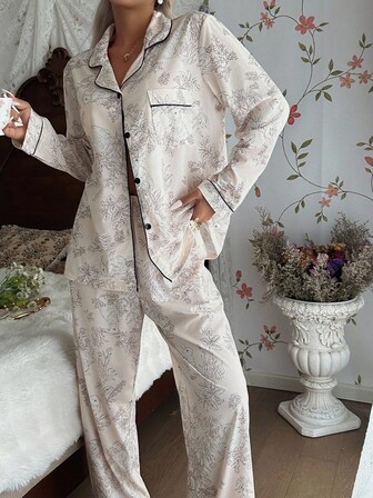 CottageSlumber Floral & Rabbit Print Long Sleeve Pajama Set With Collar For Women Pajama Set Sleep Wear Women 2 Pieces Set Lounge Wear Set , Fall Winter Clothes Cozy And Elegant Details